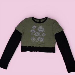 Green and Black Long Sleeve Crop Top